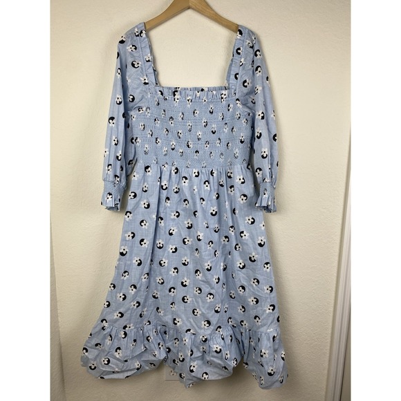 Kate Spade XL Midi Dress Floral Dot Smocked Cottagecore Blue Boho Ruffle - Picture 4 of 9